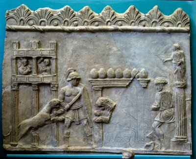 Arte del Imperio Romano de la Antigüedad. Venatio: Lucha de gladiadores contra las bestias. Escultura de Roman
