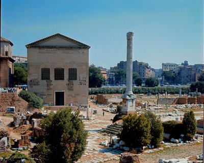 Foro Romano: vista de la Curia, lugar de reunión del Senado. Siglo I a.C. Roma de Roman
