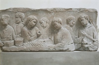 Estela funeraria romana que representa una escena de pago de impuestos, Neumagen-Dhron, Alemania de Roman