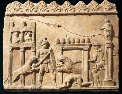 Relieve romano que representa leones y gladiadores luchando en el circo de Roman