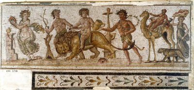 Antigüedad romana: "Procesión dionisíaca". Sileno monta un camello, una ménade toca un instrumento. Mosaico de El Djem (Thysdrus). Siglo III d.C. El Djem (Thysdrus), museo arqueológico de Roman