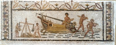 Antigüedad romana: “Descarga de un cargamento de madera de un barco y pesaje de plomo” Mosaico procedente de Susa en Túnez. Siglo III d.C. Museo del Bardo, Túnez de Roman