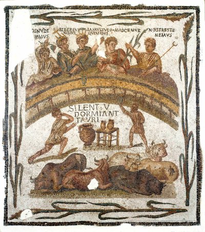 Antigüedad romana: “escena de banquete de la cofradía del Anfiteatro” Mosaico procedente de El Djem en Túnez. Siglo III d.C. Museo del Bardo, Túnez de Roman