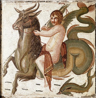 Cupido montando una criatura marina. Mosaico de una villa de la familia del emperador Septimio Severo. Finales del siglo II d.C. Roma, Museo Nacional Romano de Roman