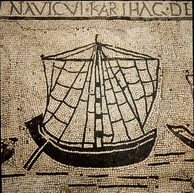 Arte romano: barco de carga. Mosaico del siglo III d.C. Ostia, Piazzale delle Corporazioni. Italia de Roman