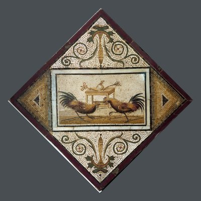 Arte romano: pelea de gallos. Mosaico de Pompeya. 4º estilo de Roman
