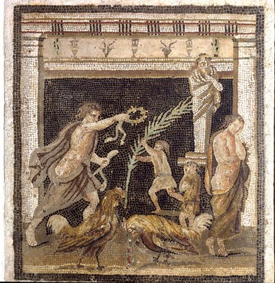 Arte romano: pelea de gallos en una palestra en presencia de las personificaciones de Derrota y Victoria. Mosaico de la Villa del Laberinto en Pompeya. 2º estilo de Roman