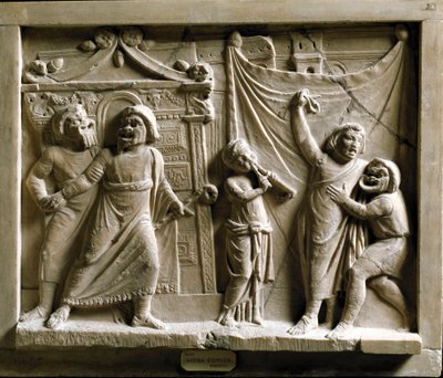 Arte romano: escena de teatro de comedia de la obra “Andria” de Terencio (Publius Terentius Afer) (185-159 a.C.), relieve de Pompeya - Museo Arqueológico Nacional de Nápoles de Roman