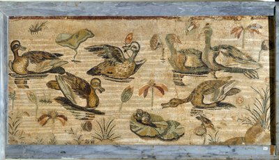 Arte romano: pato, rana y nenúfares en un estanque. Mosaico de la villa de la fauna en Pompeya. Siglo I. Dim. 132x164 cm. Museo Arqueológico Nacional, Nápoles de Roman