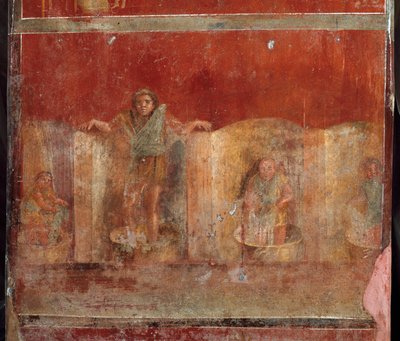 Arte romano: escena de fullonica o foulonnerie que representa la limpieza de ropa. Fresco de la villa Fullonica stephani en Pompeya de Roman