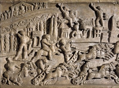 Arte romano: bajorrelieve que representa carreras de carros en el Circo Máximo en Roma. Siglo II d.C. Roma, Museo de la Civilización Romana de Roman
