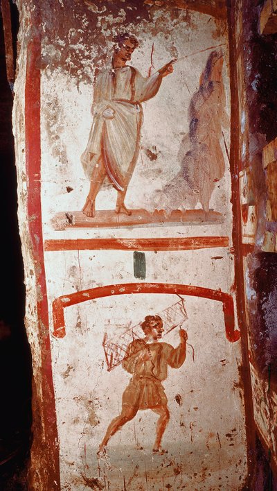 Arte romano: milagro de la fuente y milagro de la guerra del paralítico. Frescos. Finales del siglo III d.C. Roma, catacumbas de San Marcelino y Pedro de Roman