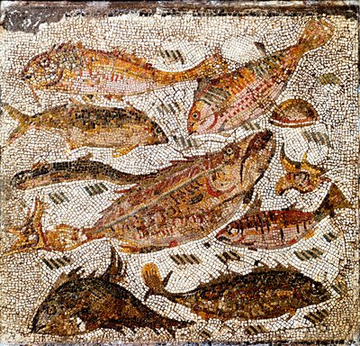 Arte romano: mosaico que representa peces. Siglo I o II d.C. De la Villa dei Settimii en Via Cassia. Museo Nazionale Romano, Roma de Roman