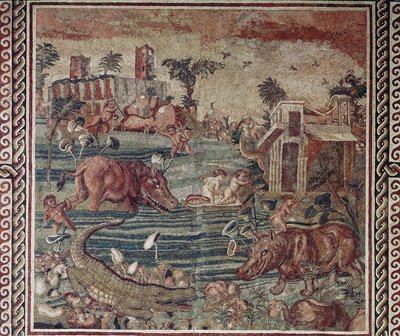 Arte romano: mosaico de paisaje del Nilo de una villa en la colina del Aventino, Roma siglo I-II d.C. Roma, Museo Nazionale Romano en Palazzo Massimo, Inv 171 de Roman