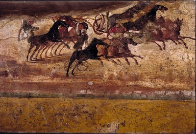 Arte romano: carrera de cuadrigas. Fresco de la villa de la cuadriga. 4to estilo, Pompeya. Nápoles, Museo Arqueológico Nacional de Roman
