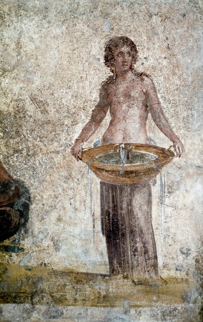 Arte romano: representación de una ninfa. (detalle) de un fresco de la casa de las Vestales en Pompeya. Siglo I d.C. París, Museo del Louvre de Roman