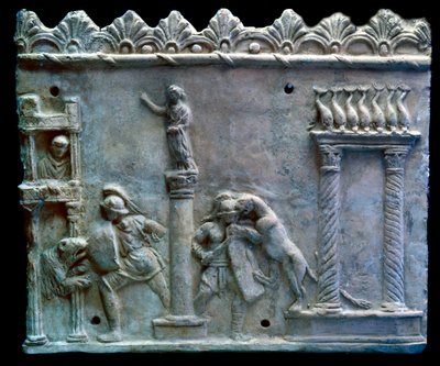 Arte romano: escena de combate de gladiadores contra bestias o venatio. Siglo I a.C. Ginebra, Museo de Arte e Historia de Roman