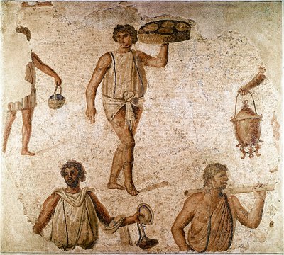Arte Romano: sirvientes en un banquete. Fragmento de mosaico de Cartago, Túnez. 180-190 d.C. París, Museo del Louvre de Roman