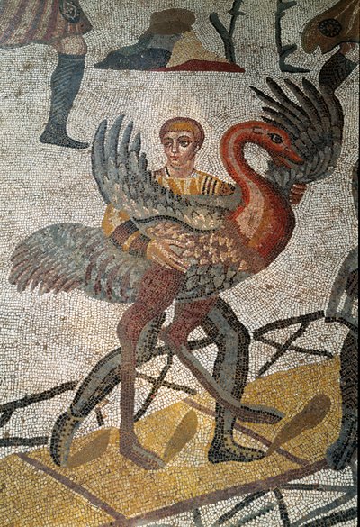 Arte romano: el transporte de avestruces en barcos es enviado a Roma. Detalle del mosaico de "La pequeña partida de caza" 315-350 d.C. Piazza Armerina, Villa Romana del Casale de Roman