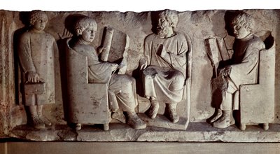 Civilización romana. Relieve que representa una escena escolar. Trier, ciudad en Alemania a orillas del Mosela, conquistada por los romanos en el último siglo I a.C. y renombrada Trevorum de Roman