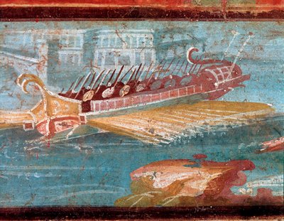 Buques de guerra romanos en la entrada de un puerto (fresco) de Roman