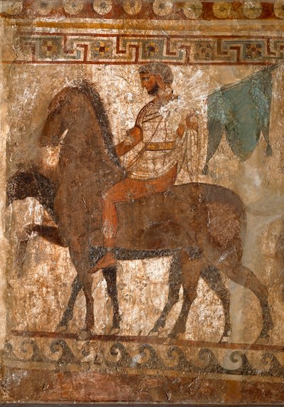 Jinete samnita. Pintura de tumba del siglo IV a.C., del sitio de Paestum, Italia. Fresco. Museo Arqueológico Nacional, Nápoles de Roman
