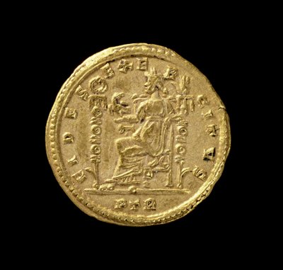 Sólido (reverso) de Constantino I, el Grande (306-337 d.C.) representando a Fides sentada a la izquierda en el trono. Inscripción: FIDES EXERCITVS de Roman