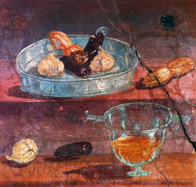 Bodegón con ajo, dátiles y miel, dos monedas de oro y plata entre frutas, pintura mural de la Casa de los Ciervos, Herculano (Lista del Patrimonio Mundial de la Unesco) de Roman
