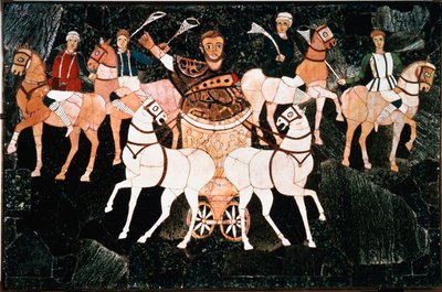El cónsul romano Iulius Annius Bassus representa en un detalle de cuadriga de la placa de opus sectile del siglo IV. Basílica de Junius Bassus, Esquilino en Roma. Conservado en el Museo dei Conservatori, Roma de Roman