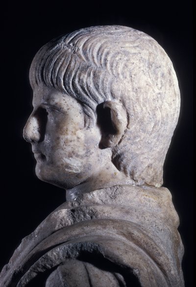 Estatua togada del joven Nerón, vista lateral de la cabeza, c.50 AD (detalle) de Roman