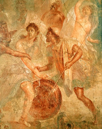 Ulises y Diomedes reconociendo a Aquiles disfrazado de la mujer Pirra entre las Hijas de Licomedes en Skyros, de Pompeya de Roman