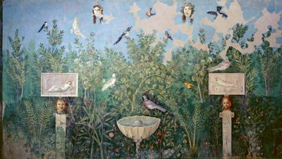 Fresco mural que representa jardín y pájaros, Casa del Brazalete de Oro, Pompeya de Roman