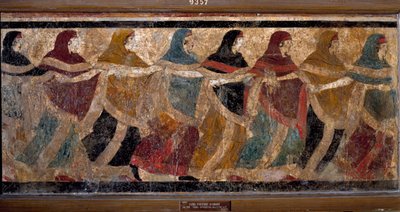 Ronda funeraria de mujeres. Fresco de la Tumba n°11, vía dei Cappuccini en Ruvo, Italia. Siglo V a.C. Fresco en 6 fragmentos. Museo Arqueológico Nacional, Nápoles de Roman