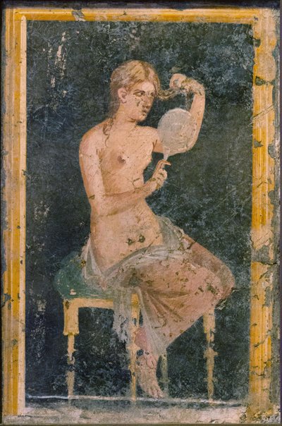Mujer con un espejo, 1ra mitad del siglo I d.C. de Roman Pompeian wall painting.
