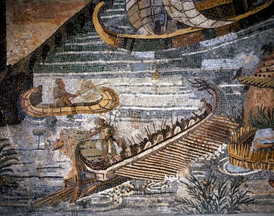 Una birreme romana (tipo de galera con dos filas) (detalle) de un mosaico en Palestrina. de Roman Roman