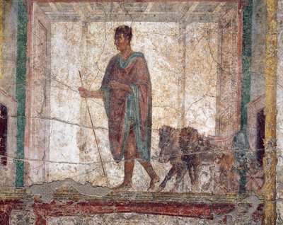 Antiguo fresco romano A.D.metus con jabalí y león uncidos a un carro de Roman Roman