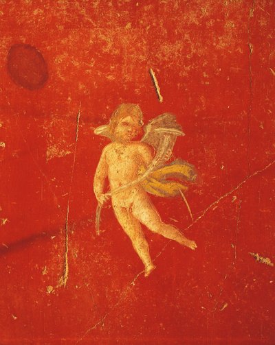 Querubín en fondo rojo pompeyano, fresco en Cuarto Estilo Pompeyano, de la Casa de Pinario Ceriale, Pompeya , Campania, Civilización Romana de Roman Roman