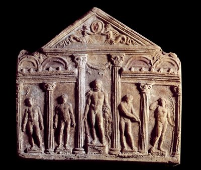 Placa decorativa de terracota llamada Campana representando un templo con estatuas de Roman Roman