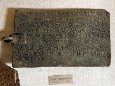 Decreto de franqueo en latín sobre placa de bronce: fue promulgado el 21 de enero de Roman Roman