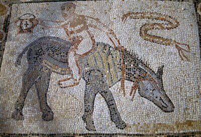 Desultor (atleta que saltaba de un caballo a otro durante una carrera) montado en un asno hacia atrás y sosteniendo el kantharos (copa del vencedor), mosaico de la Casa de Desultor en la ciudad romana de Volubilis (Patrimonio Mundial de la UNESCO). de Roman Roman