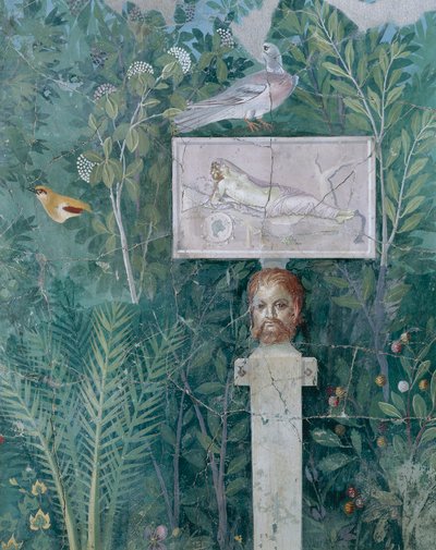 Detalle de una pintura de jardín, Casa del Brazalete de Oro, de Pompeya de Roman Roman