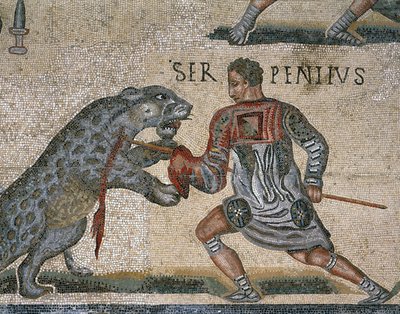 Detalle de un mosaico de una pelea de gladiadores, originalmente de Torre Nuova de Roman Roman