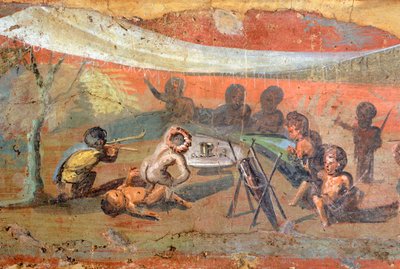 Detalle de una pintura que representa una escena en yeso a orillas del Nilo con pigmeos, 56x217 cm, de Pompeya, Patrimonio Mundial de la UNESCO de Roman Roman