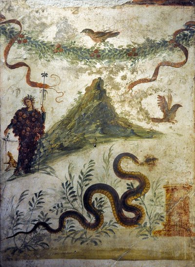 Dionysos vetu de racimos de uva de pie frente al monte Vesubio - Fresco de Pompeya, casa diel centenario (casa del centenario) - Nápoles, Museo Arqueológico Nacional de Roman Roman