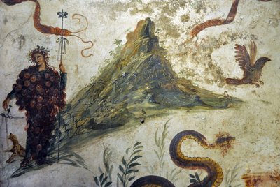 Dionysos vetu de racimos de uva de pie frente al Vesubio - Fresco de Pompeya, casa diel centenario - Nápoles, Museo Arqueológico Nacional de Roman Roman