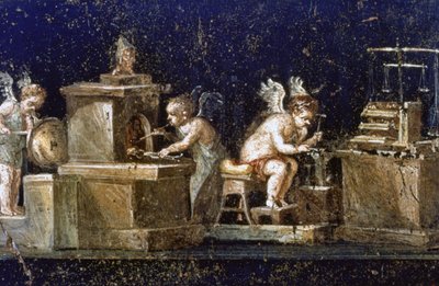 Excavaciones en Pompeya: Pintura mural de la Casa de los Vetti que muestra cupidos como orfebres, descubierta durante las excavaciones. Pompeya fue destruida por la erupción del Vesubio en el año 79 d.C. de Roman Roman