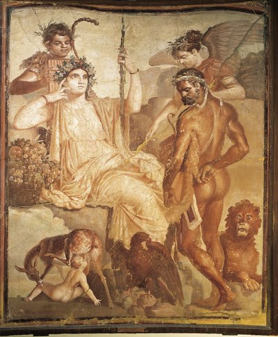 Fresco que representa a Hércules encontrando a su hijo Télefo en Arcadia, de la Basílica de Herculano, provincia de Nápoles, Italia. de Roman Roman
