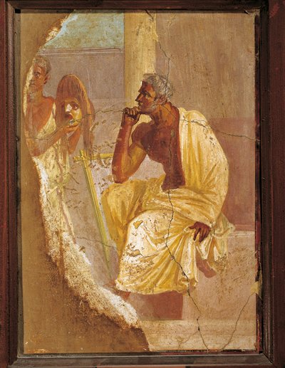 Fresco que representa a un actor y una máscara trágica, de Pompeya, Italia de Roman Roman