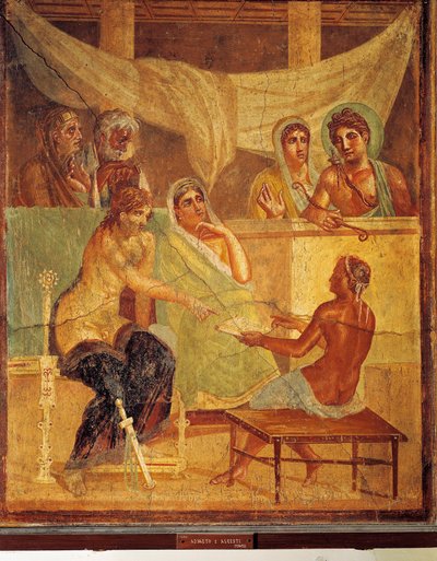 Fresco que representa a A.D.metus y Alcestis consultando el oráculo, de la Casa del Poeta Trágico, Pompeya, Italia. de Roman Roman
