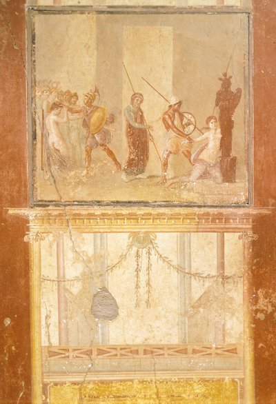 Fresco que representa el encuentro de Príamo, Menelao y Helena y Arisace persiguiendo a Casandra, de la Casa de Menandro, Pompeya , Campania, Civilización romana de Roman Roman